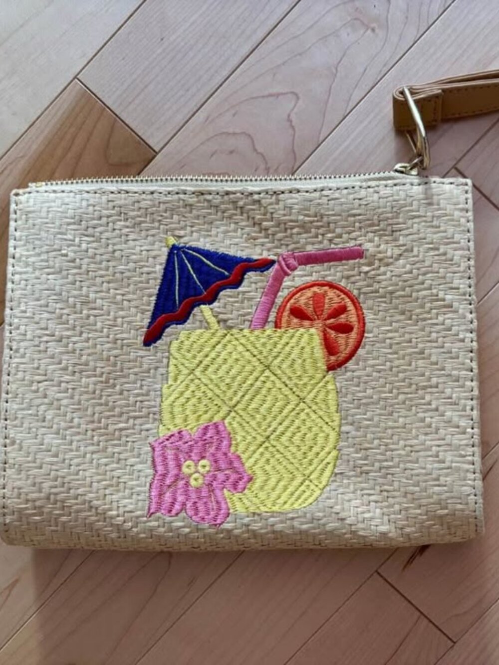 Talbots Embroidered Mai Tai Cocktail Natural Woven Straw Clutch Wristlet